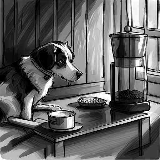 AI Generated image using Jasper - depicting a dog waiting for food from a robot dog feeder